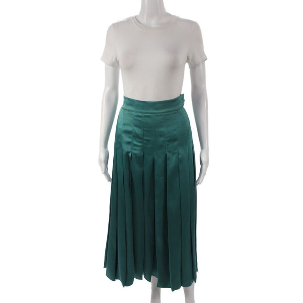 Fendi Womens Pleated Satin Midi Skirt Green Button Classic Size 2